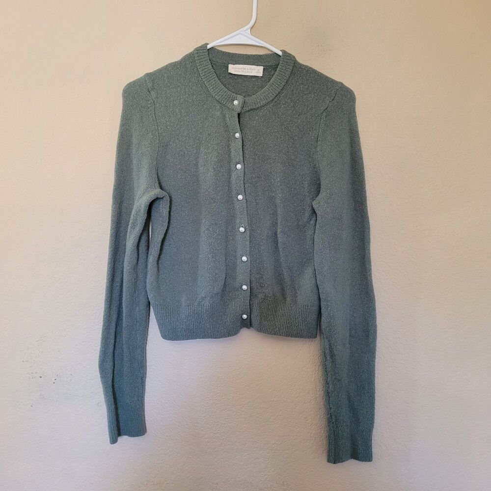Abercrombie & Fitch Green Merino Wool Blend Shrunken Button Cardigan Size Medium